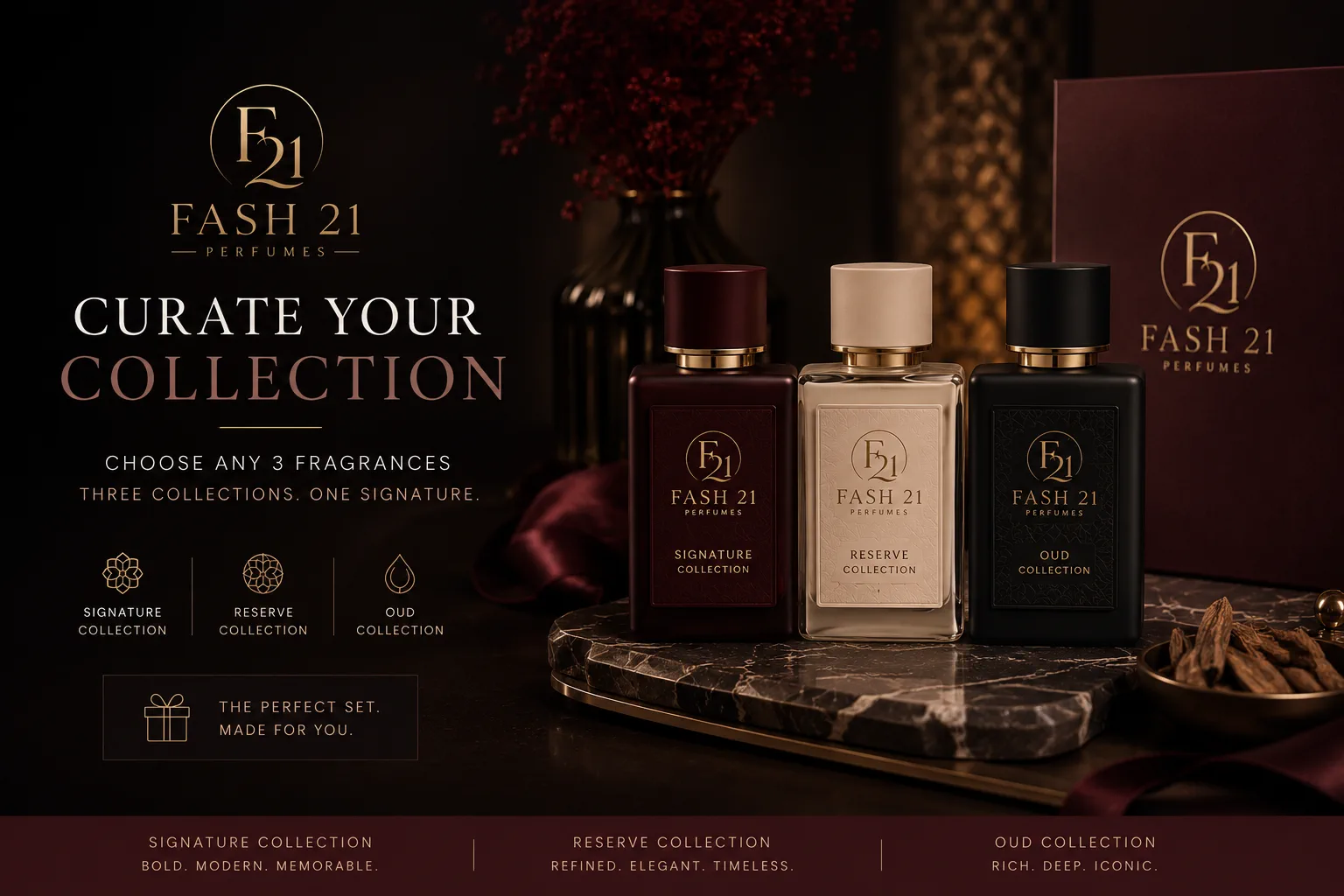 Fash 21 Signature, Reserve, and Oud bundle displayed together in a luxury editorial setting
