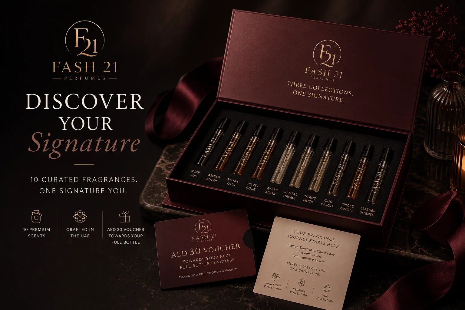 Fash 21 Discovery Box with ten curated fragrance samples and voucher cards