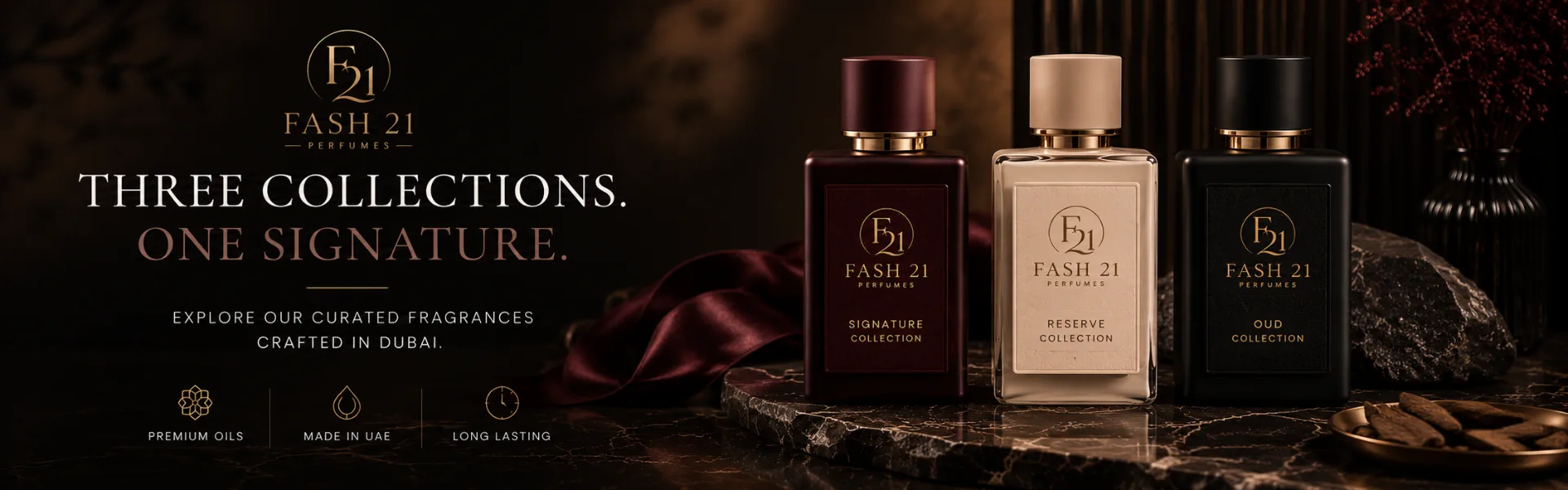 Fash 21 Signature, Reserve, and Oud fragrance bottles displayed on a marble surface